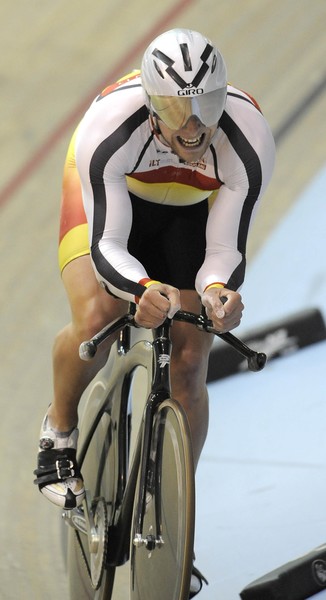 Eddie Dawkins on his way to a national record ride to win the 1000m time trial on the opening night of the RaboPlus New Zealand Track Cycling Championships at the ILT Velodrome in Invercargill